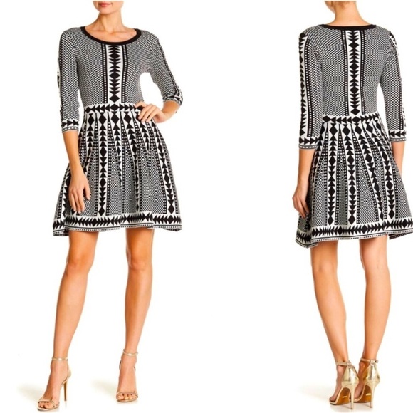 Nina Leonard Dresses & Skirts - Nina Leonard Black and White Geometric Print Fit & Flare Sweater Dress NWT